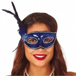 MASCHERA PAILLETTES BLU CON PIUMA  -