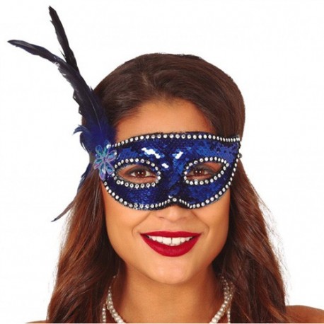 MASCHERA PAILLETTES BLU CON PIUMA  -