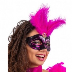 MASCHERA IN PLASTICA CON PIUME FUCSIA  -