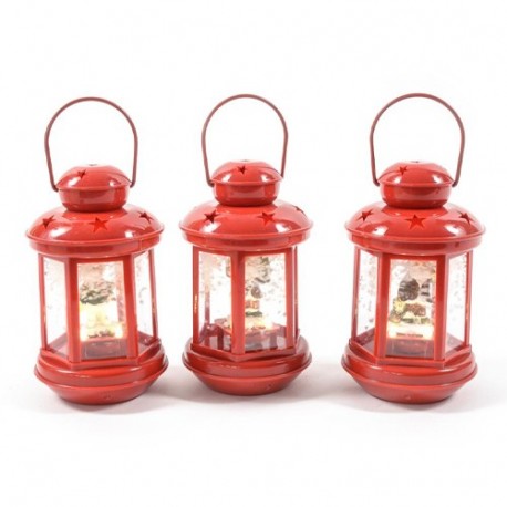 LANTERNA ROSSA CON NEVE E LUCI 11X11XH.1