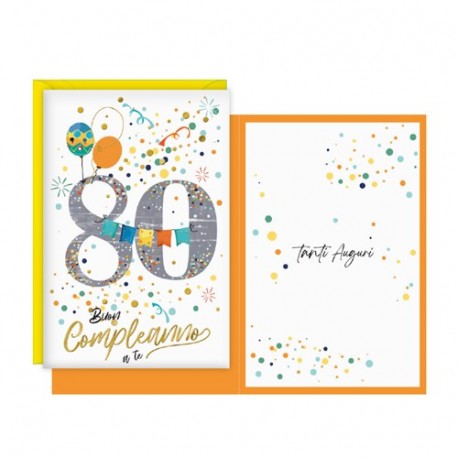 BIGLIETTO COMPLEANNO 80 ANNI CORIANDOLI